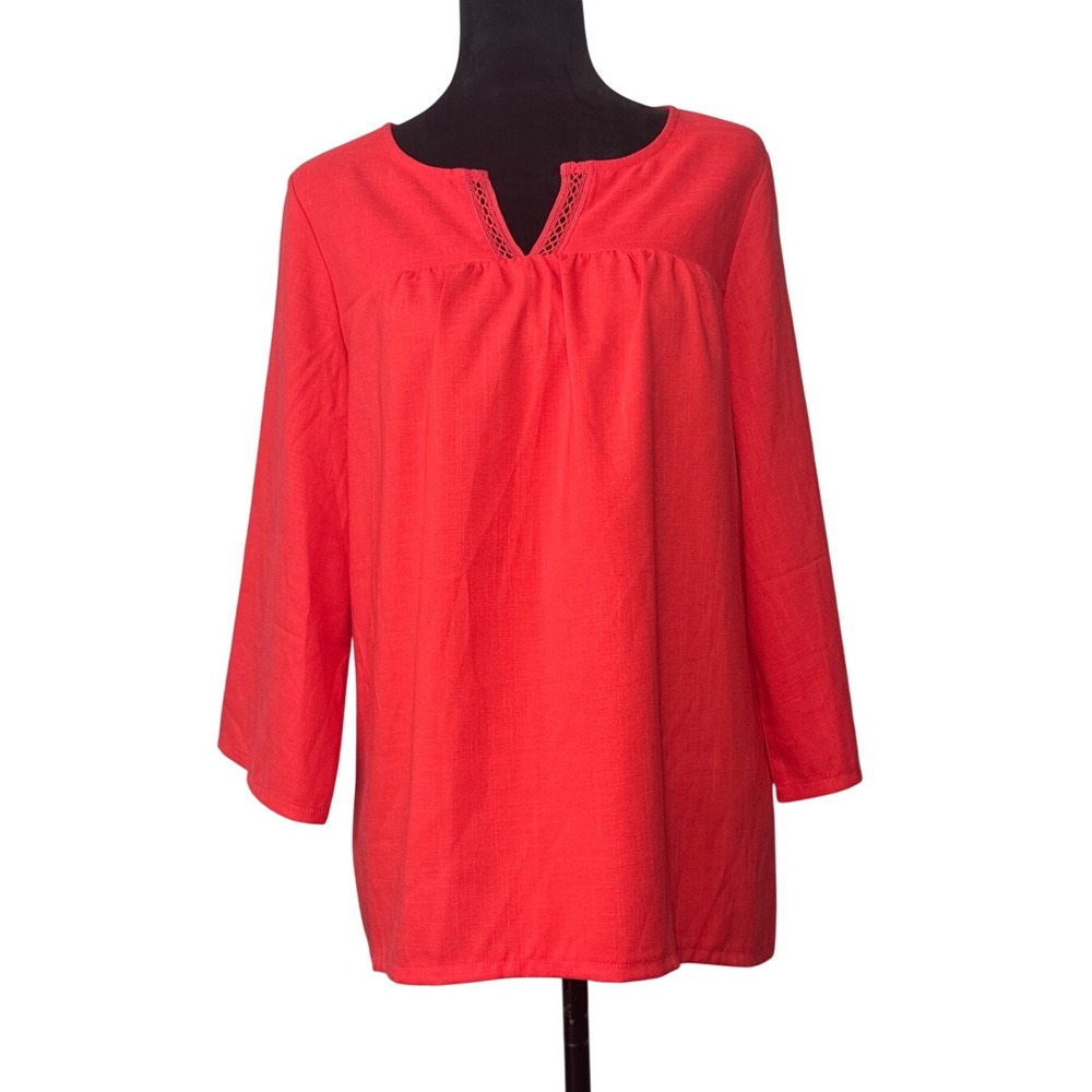 Wrangler Women's Red Peasant‎ Blouse Long Sleeve Split Neck Rayon Blend M